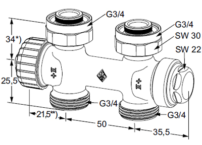 Термостатический клапан прямой Multilux для двойного нижнего подключения полотенцесушителей, универсальных радиаторов IMI Heimeier - изображение товара 0
