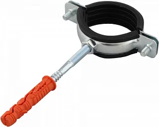 Металлический оцинкованный хомут для труб одинарный, с резиновой прокладкой, болтом и дюбелем Aquer - изображение товара 