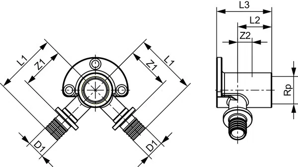 Тройник угловой с настенным креплением TECEflex стандартная латунь